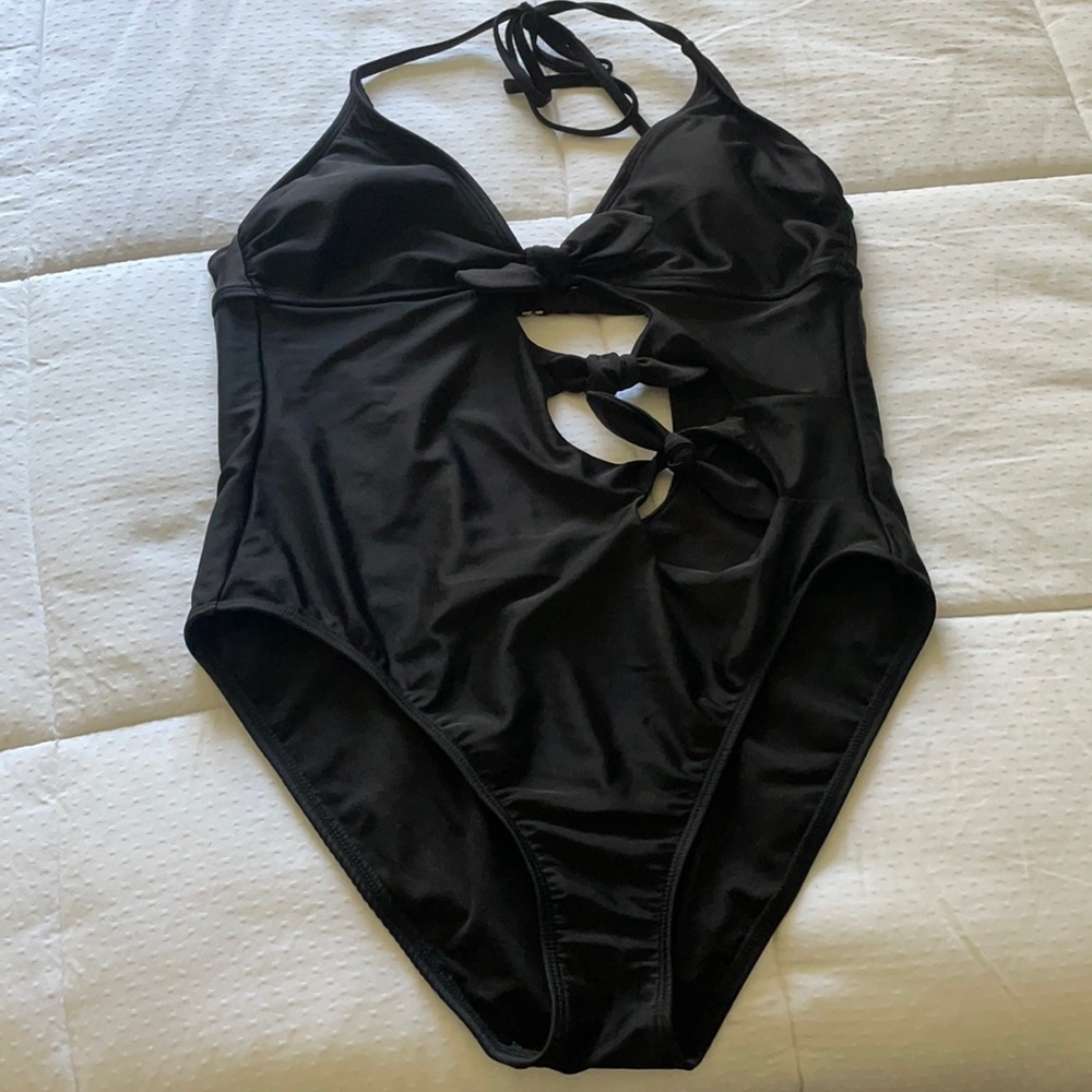 Black one piece swimsuit with cutouts